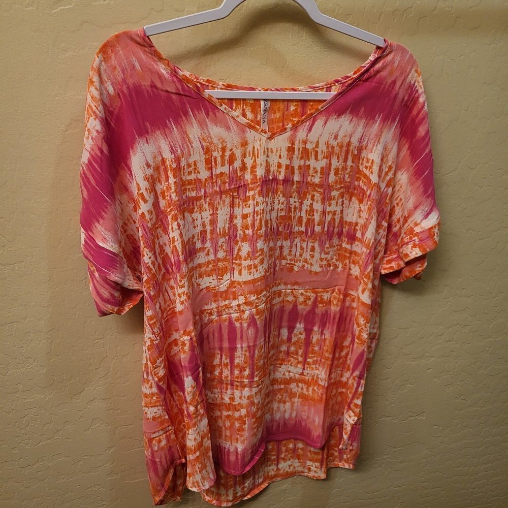 Short Sleeve V Neck Tie Dye Print Top X Large /Pink/Orange/White NWOT